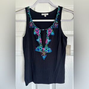 NWT Black Y2K Black Large Keyhole Front w Hand Beaded Flowers